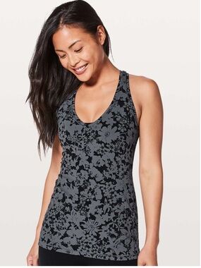 LULULEMON  All You Do Tank Gray and Black Floral Cross-Back 12